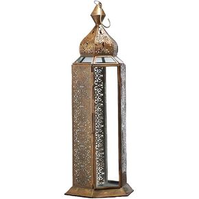Serene Spaces Living Antique Bronze Decorative Metal Lantern, Scrollwork Pattern Candleholder Lantern, Bronze Lantern Centerpiece for Wedding, Holiday, Event, Measures 5.75" Diameter * 16" Tall