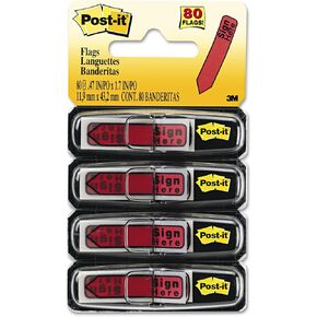 Post-it 684RDSH Arrow Message 1/2-Inch Page Flags in Dispenser, "Sign Here", Red, 80/Pack