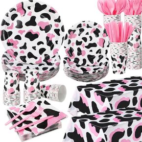 352 Pcs Cow Print Party Supplies Include 100 Pcs 7'' and 9'' Cow Print Paper Plates 50 Pcs 9 oz Cups 50 Napkins 50 Spoons 50 Forks 50 Knives 2 Tablecloths for Birthday (White and Black)