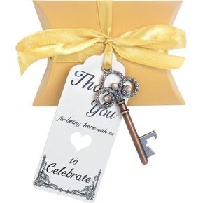 Aokbean 50pcs Skeleton Key Bottle Openers Wedding Party Favors Souvenir Gift Set for Guests Pillow Candy Box Escort Thank You Tag French Ribbon (Silver)