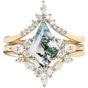Natural Moss Agate Ring 925 Silver Moss Agate Engagement Ring Set Promise Wedding Ring Rhombus Green Moss Stone Aqua Agate 3 Piece Couple's Ring Emerald Ring Rose Gold Ring Gift for Women（6Silver）