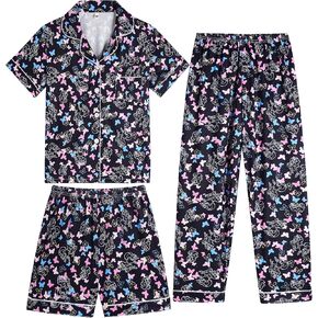 Vopmocld Girls Pajama Sets - 3pcs Button Down Short Sleeve Long Pants With Shorts Sleepwear Cute Patterns Nighty For Teens