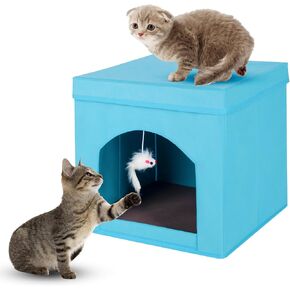 ShellKingdom Collapsible Cat House, Foldable Kitty Cat Cube and Cat Cave with Bed, Colorful Cat Stool Condo for Indoor Cats Gifts, 13 x 13 x 13 inches