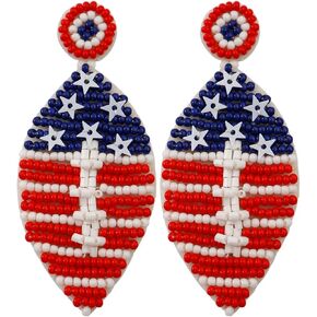 Boho American Flag Tassel Earrings Retro Hand-Woven Patriotic Rice Beaded Star Rugby Drop Dangle Earrings 4th of July Independence Day for Women Girls Memorial Day Holiday Jewelry Gifts