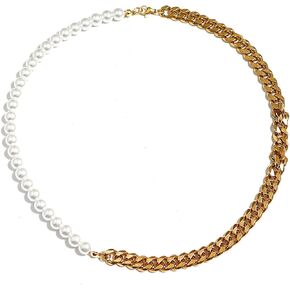 18k Gold Plated Half Pearl Half Chain Beaded Choker Necklace Stainless Steel Cuban Link Strand for Men's Hip Hop Punk Jewelry