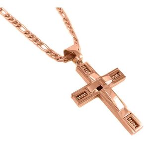 Mens Stainless Steel Rose Gold Pendant Cross Necklace with 24 Inch Figaro Chain