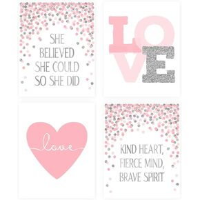 Pink & Silver Gray Positive Affirmation 8x10 Wall Art Set of 4 Love Nursery Toddler Girls Room Decorations Dream Big (NOT Real Glitter) in Kuwait
