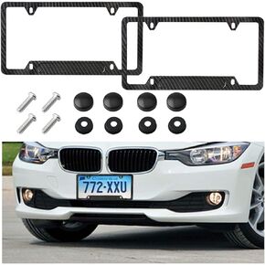 Carbon Fiber License Plate Frame, 2 Pack Universal US Stainless Steel License Plate Frame Covers, Rust-Proof and Rattle-Proof Car Tag Holder Bracket with Screws Caps, Car Accessories (2 Holes)