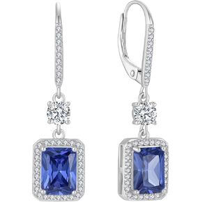 FJ Princess Cut Dangle Drop Earrings 925 Sterling Silver Leverback Square Halo Earrings Birthstone Jewelry Gifts for Women