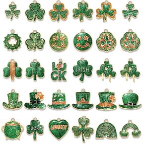 30PCS St.Patrick's Day Mardi Gras Charms for Jewelry Making, Glitter Shamrock Charms Mask Hat Crown Fleur De Lis Charms for Bracelet Necklace Earring Making DIY Craft St.Ppatrick's Day Accessory