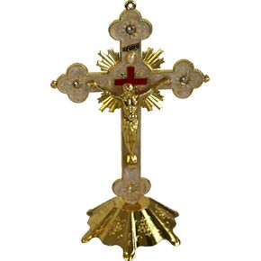 Holy Land Market Altar Table Crucifix - Church or Home Decor - Enamel Ornamented (12 Inch, Copper/Red Stones)