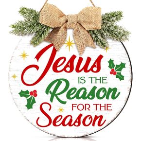 Christmas Wreath Wall Sign Front Door Decor Nativity Jesus is The Reason for The Season Wood Sign Round Wooden Hanging Decoration for Christmas Holiday Door Wall Indoor Outdoor, 12 Inch (Snowflake)