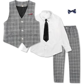 LOLANTA Boys Graduation Suits Slim Fit Dress Clothes Kids Ring Bearer Outfit Vest, Pants, Shirts, Tie and Bow Tie