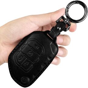 Tukellen for Jeep Key Fob Cover Leather with Keychain Compatible with 2018 - 2022 Jeep Wrangler Gladiator Sahara Rubicon 4 Buttons Remote Key (Black)