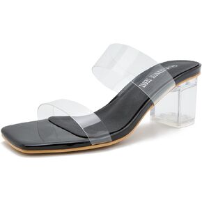 MAIERNISI JESSI Clear Heels for Women Transparent Two Strap Chunky Heel Square Toe Sandals