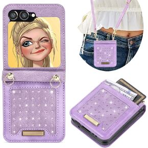 CCSmall for Samsung Galaxy Z Flip5 Crossbody Wallet Case for Women, Bling Glitter PU Leather Phone Case with RFID Blocking Card Holder Cover for Samsung Galaxy Z Flip 5 SZ Black