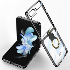 Miimall Case Compatible for Samsung Galaxy Z Flip 5 2023 with Ring Holder Kickstand, [Slim Electroplated PC] [Easy Hold Free Folding] [Non-Yellowing] Anti-Drop Clear Case for Galaxy z Flip 5(Green)