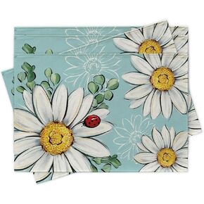 Spring Summer Daisy Flower Yellow Table Runner, Floral Eucalyptus Leaves Ladybug Kitchen Dining Table Decoration, Seasonal Burlap Indoor Outdoor Home Decor Party Supply 13 x 36 Inches