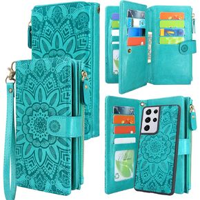 Harryshell Detachable Magnetic Zipper Wallet Leather Case Cash Pocket with 12 Card Slots Holder Wrist Strap for Samsung Galaxy S21 Ultra 5G (6.8 Inch) (2021) SM-G998U Floral Flower (Light Brown)