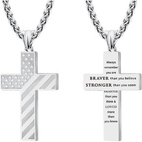 LAOYOU American Flag Cross Necklace for Men with Bible Verse, Stainless Steel Christian Cross Necklace for Boy, Pendant Chain USA Patriotic Jewelry Christmas Gift For Teen Son Boyfriend Grandson