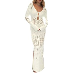 Saodimallsu Womens Crochet Coverups Sexy V Neck Cut Out Long Sleeve Mesh Cover Ups Side Slit Beach Maxi Dress