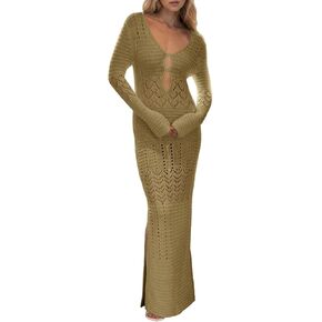 Saodimallsu Womens Crochet Coverups Sexy V Neck Cut Out Long Sleeve Mesh Cover Ups Side Slit Beach Maxi Dress