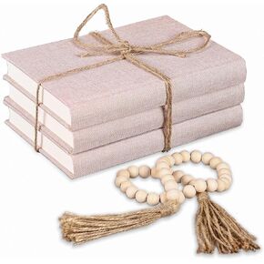suruim Linen Covered Decorative Books, Set of 3 - Neutral Home Decor Coffee Table Books with Wooden Beaded Tassel for Rustic Farmhouse Modern Decor, Bookshelf Decor, Boho (Brown)