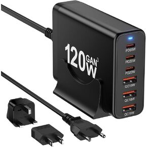 European USB C Charger Station Fast Charging Hub Europe Travel Power Adapter Multiple 6 Multi Port 120W GaN PD QC Block EU UK US Plug for Apple iPhone Samsung Pixel 65W Laptop MacBook Pro Air Surface