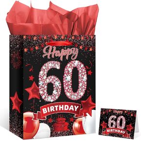 Red Black 16th Birthday Gift Bag with Happy 16th Birthday Greeting Card and Tissue Paper for Girls Boys Red 16th Birthday Gift Wrap Bag with Handles for Red 16th Birthday Party Decorations Supplies
