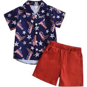 Toddler Boys 4th of July Outfit Short Sleeve Lapel Star Stripe Print Button Shirt Shorts Sets Summer Gentleman Suit