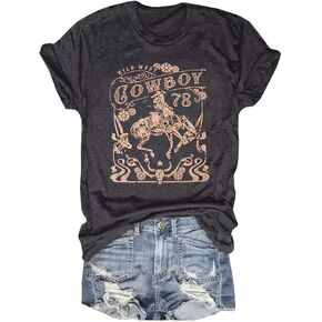 Cowgirl Shirts Women Retro Western Graphic Tee Cute Country Concert Outfits Country Short Sleeve Casual Tops