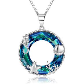 Ocean Necklace 925 Sterling Silver Sea Turtle/Starfish/Surfer/Seashell Pendant Necklace Beach Jewelry Gift for Women