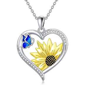 Sunflower Teardrop Necklace with Blue Butterfly Sterling Silver Sunflower Necklace for Women Teen Girls