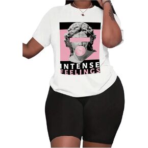 MakeMeChic Women's 2 Piece Summer Outfits Letter Graphic Short Sleeve T Shirt Biker Shorts Matching Sets