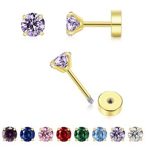 3MM Tiny CZ Stud Flat Back Earrings for Women Men, Dainty Small Screw Back Silver Stud Earrings Hypoallergenic Flatback Cartilage Earring Helix Tragus Conch Piercing Jewelry Gift(Deep purple)