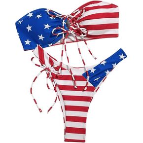 WDIRARA Women's Stars and Stripes Print Bandeau Knot Front Ruched Swimsuit Tie Side Bikini Set
