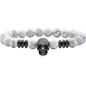 Death Skull Charm with Black Matte Onyx and Lava Stone 8mm Beads Stretch Bracelet for Men Women Natural Black White Stone Beaded Adjustable Halloween Skull Bracelet