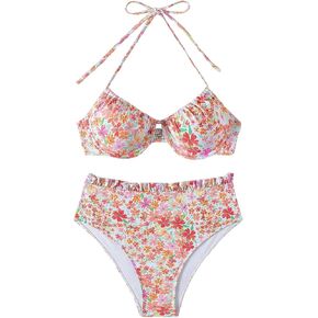 SHENHE Women's Floral High Waisted Bikini Set Halter Underwire 2 Piece Boho Swimsuit