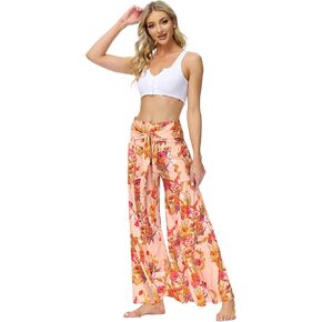 IWEMEK Women's Floral Print Boho Palazzo Pants Casual Wide Leg Lounge Pants High Waist Flowy Bohemian Beach Pants with Belt