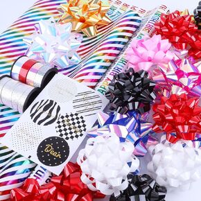 DYSHIPEN 36 Piece Wrapping Paper Rolls with Gift Bows,Crimped Curling Ribbons, and Gift Tags (2 Rolls with 26 Gift Bows,2 Crimped Curling Ribbons, and 6 Tags) (Style 1)