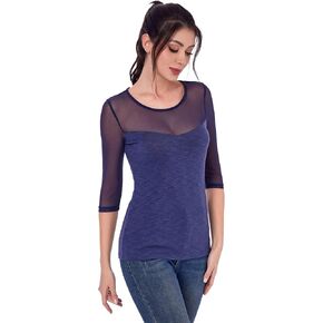 AmélieBoutik Women Crewneck Sheer Mesh Casual Sexy Slim Fitted 3/4 Sleeve Elegant Blouse Tops
