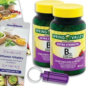 Spring Valley Extra Strength Vitamin B12 Metabolism Support Fast Dissolve Tablets 5000 mcg 45 Ct Choice Bundle + Vitamin Guide & Pill Container (3 Items)!