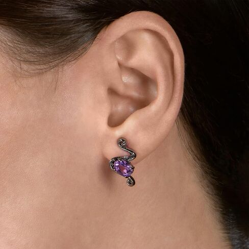 Jewelili Enchanted Disney Fine Jewelry Black Rhodium Over Sterling Silver 7x5 MM Oval Shape Amethyst and 1/10 Cttw Treated Black Round Diamonds Ursula Earrings in Saudi Arabia