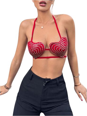 GORGLITTER Women's Adjustable Strap Sequin Heart Shape Bra Top Cutout Tie Back Strappy Halter Neck Top in Saudi Arabia