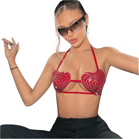 GORGLITTER Women's Adjustable Strap Sequin Heart Shape Bra Top Cutout Tie Back Strappy Halter Neck Top in Saudi Arabia