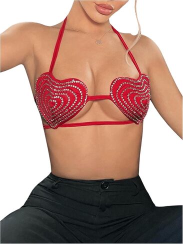 GORGLITTER Women's Adjustable Strap Sequin Heart Shape Bra Top Cutout Tie Back Strappy Halter Neck Top in Saudi Arabia