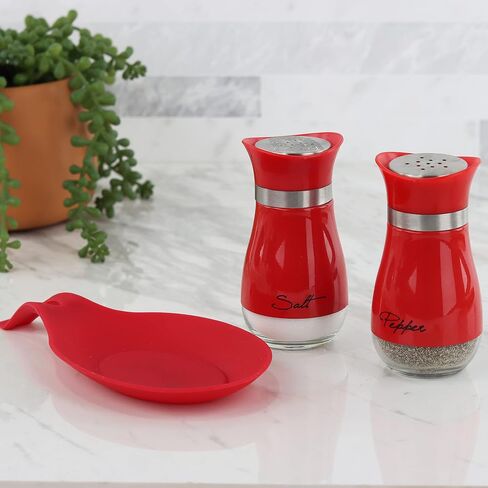 Round Silicone Spoon Rest & 4oz Glass Salt and Pepper Shaker Set (Pink) in Saudi Arabia
