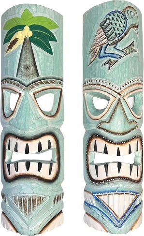 Set of 2 – Large Aqua Teal Tiki Head Mask – Unique Hand Carved Wall Hanging or Freestanding Sculpture – Tropical Parrot and Coconut Tree Accents - Tribal Party Beach Luau Bar Decor in Saudi Arabia
