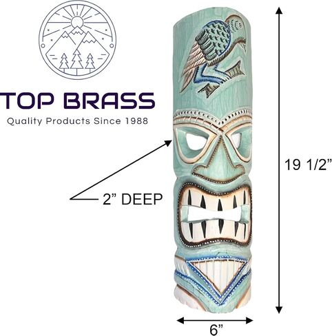 Set of 2 – Large Aqua Teal Tiki Head Mask – Unique Hand Carved Wall Hanging or Freestanding Sculpture – Tropical Parrot and Coconut Tree Accents - Tribal Party Beach Luau Bar Decor in Saudi Arabia