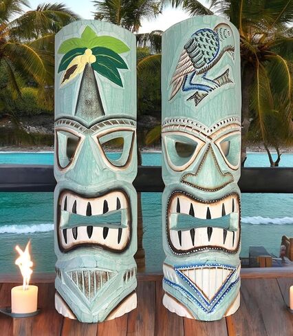 Set of 2 – Large Aqua Teal Tiki Head Mask – Unique Hand Carved Wall Hanging or Freestanding Sculpture – Tropical Parrot and Coconut Tree Accents - Tribal Party Beach Luau Bar Decor in Saudi Arabia
